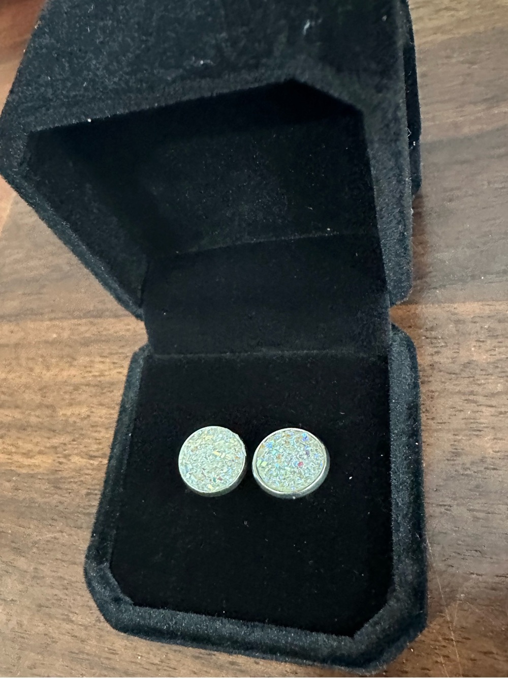 Authentic Druzy Crystal Round Stud Earrings in Iridescent White-Silver